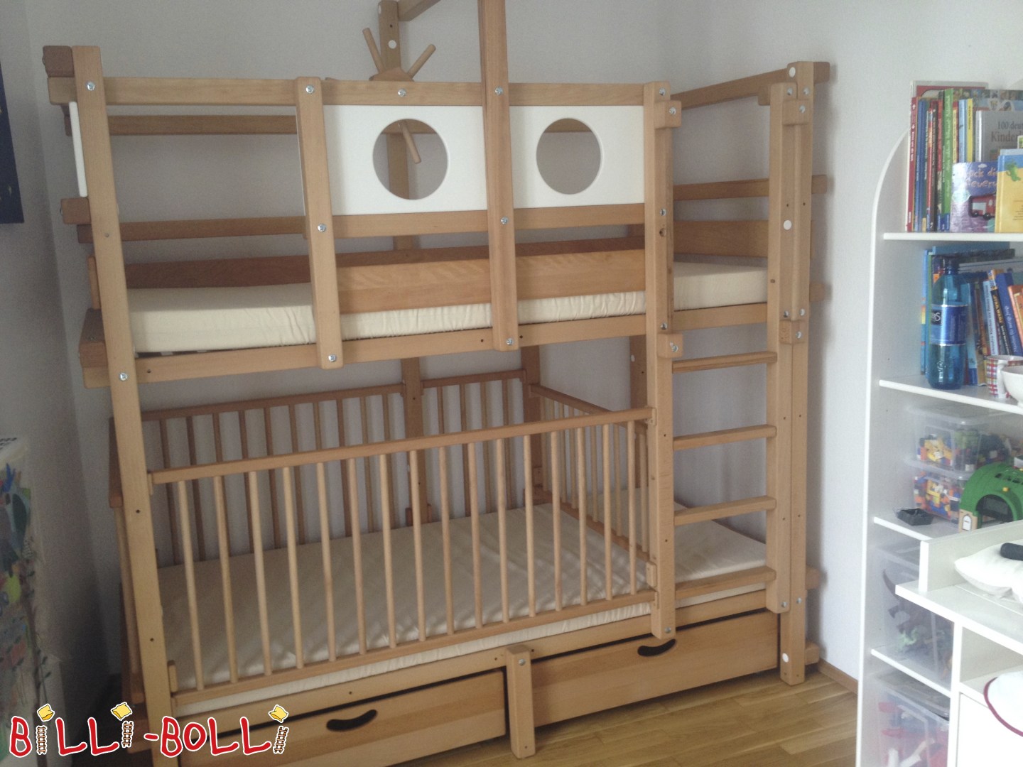 Ad 7142: Bunk bed, oiled beech, with bunk boards, slide, baby gate etc. Bunk bed, oiled beech, with bunk boards, slide, baby gate etc. (Category: Bunk Bed pre-owned)