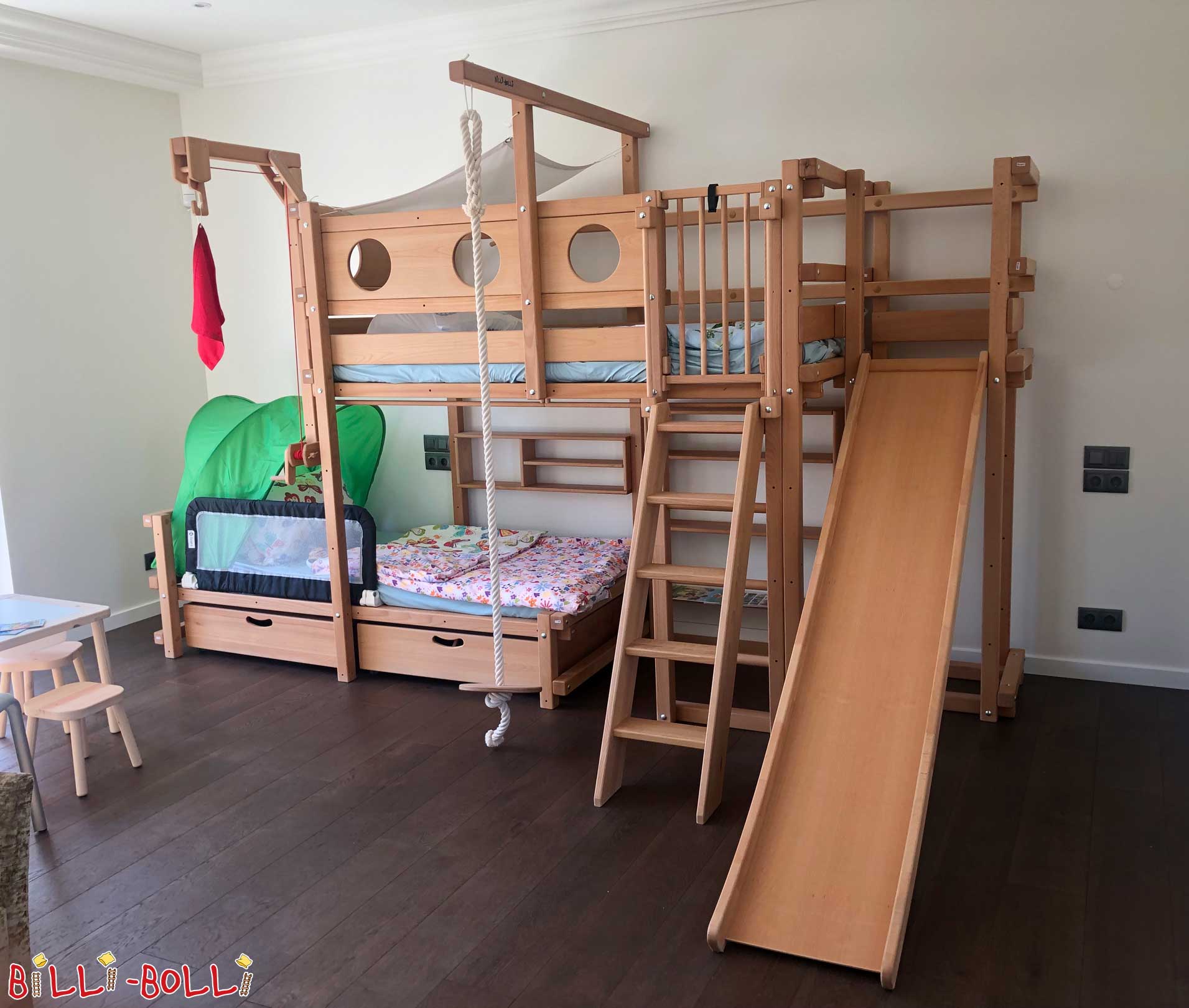 A Bunk Bed Laterally Staggered in beech, pictured here with a slide tower on … (Bunk Bed Laterally Staggered)