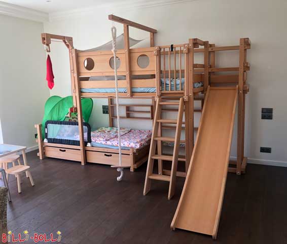 A Bunk Bed Laterally Staggered in beech, pictured here with a slide tower on … (Bunk Bed Laterally Staggered)