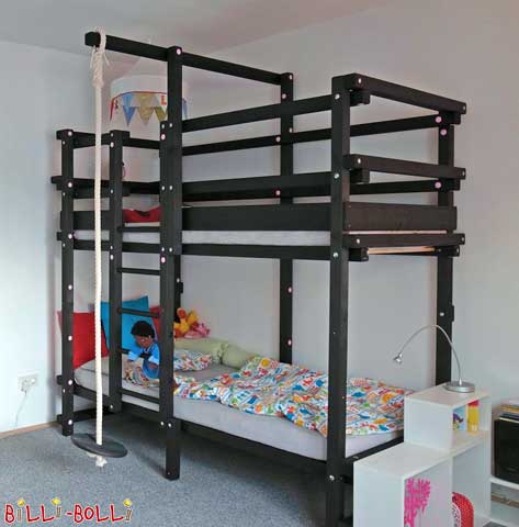 Our bunk bed, here glazed in black, with pink cover caps. (Bunk Bed)