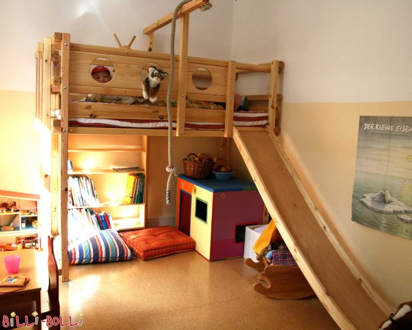 Letto a soppalco per bambini in legno naturale con scivolo (Letto a soppalco trasformabile)