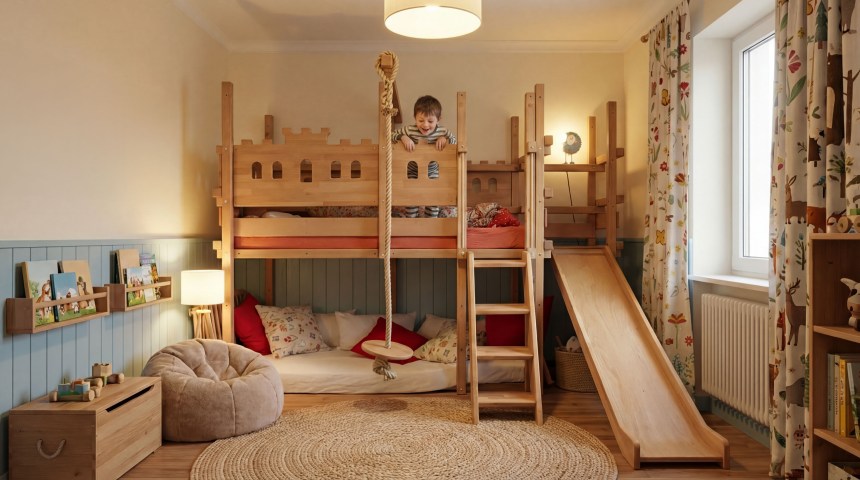 Letto a cavaliere con scivolo (letto a cavaliere a soppalco in faggio) (Letto a soppalco trasformabile)