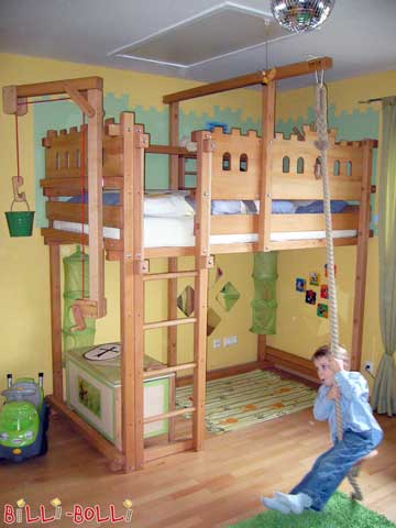 The knight's loft bed for boys with climbing rope for swinging (Loft Bed Adjustable by Age)