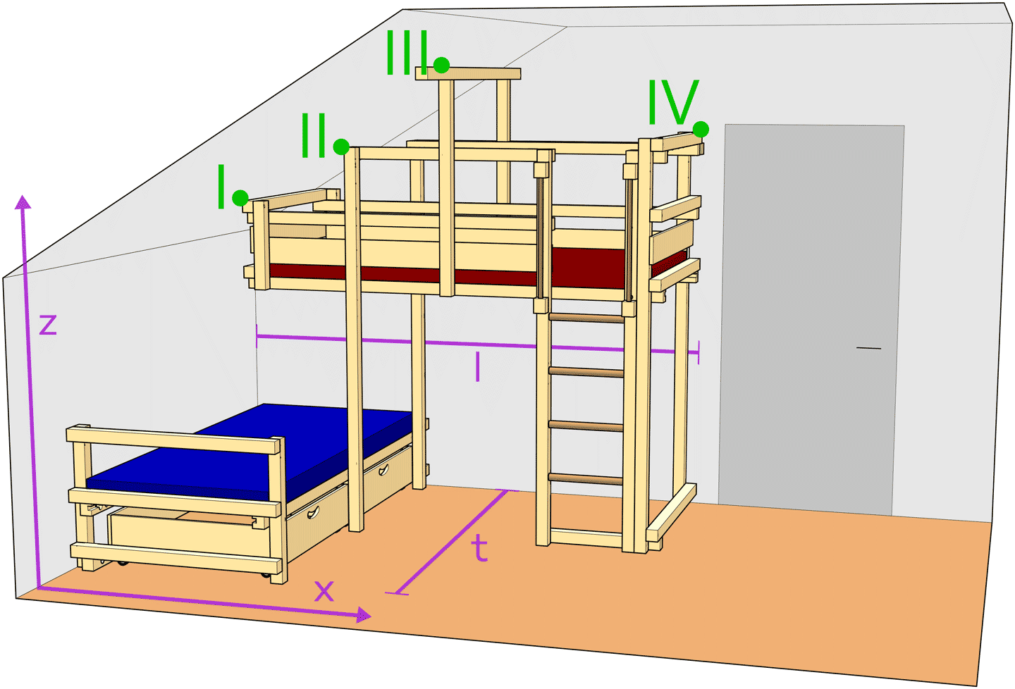 Variante de la litera sobre la esquina con 1/4 escalonado nivel de dormir y escalón de techo inclinado