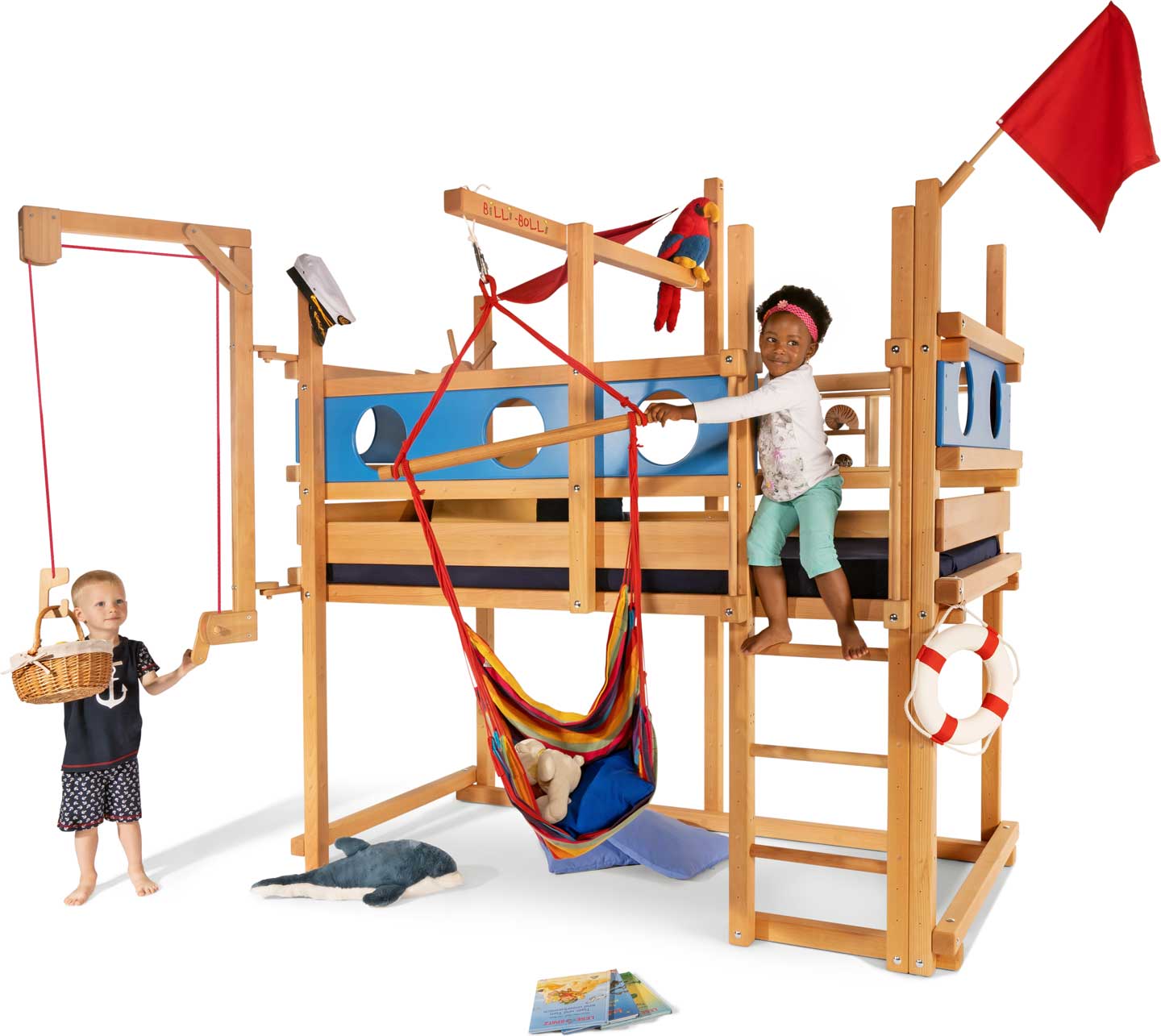 Height&nbsp;4, version in beech. Pictured with Porthole Theme Boards varnished in blue, Play Crane, swing beam, Swing Chair, Helm, Small Bed Shelf, Flag and mattress Nele Plus.