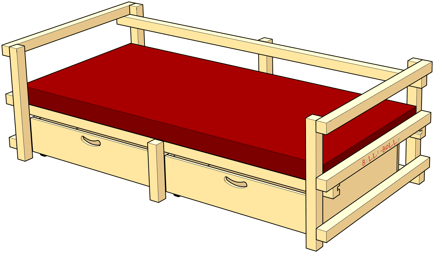 Low Youth Bed Type D: with tall side rails and backrest