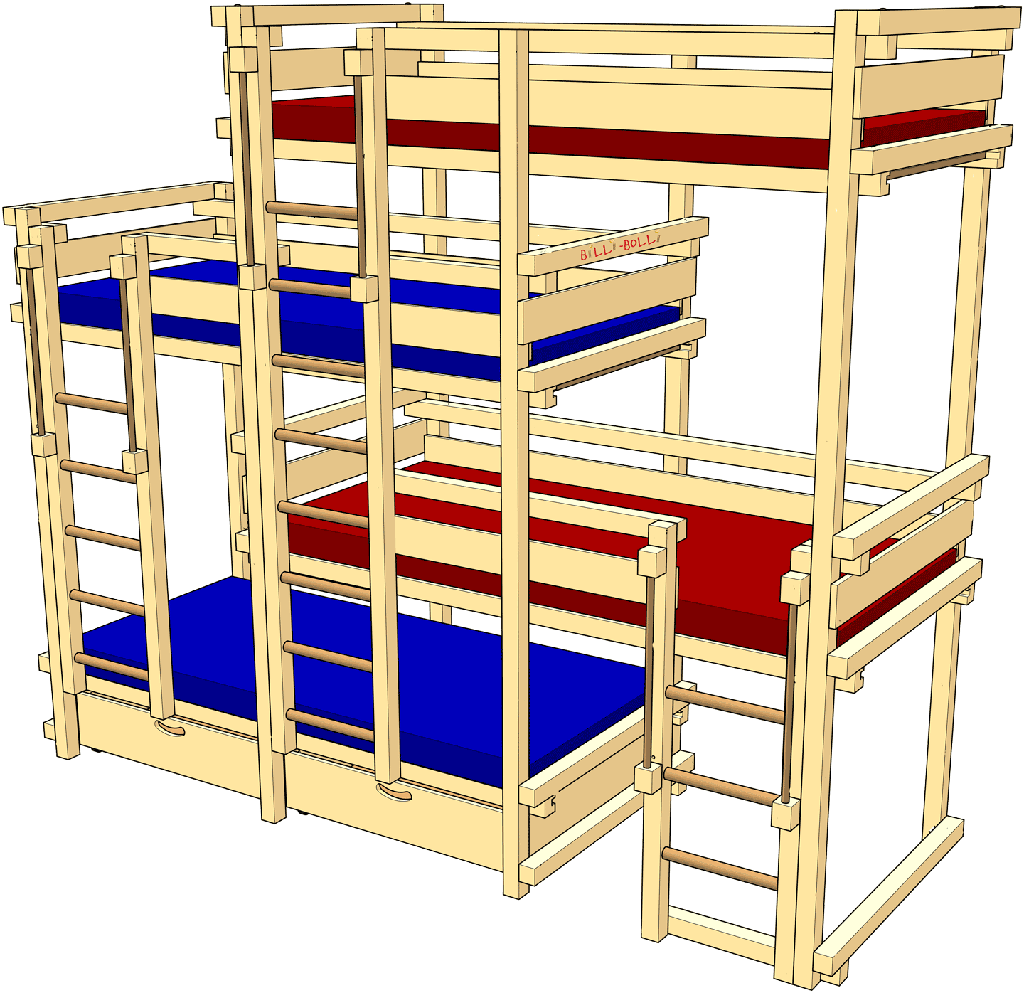 Firedobbelt køyeseng-side-offset for 4 barn