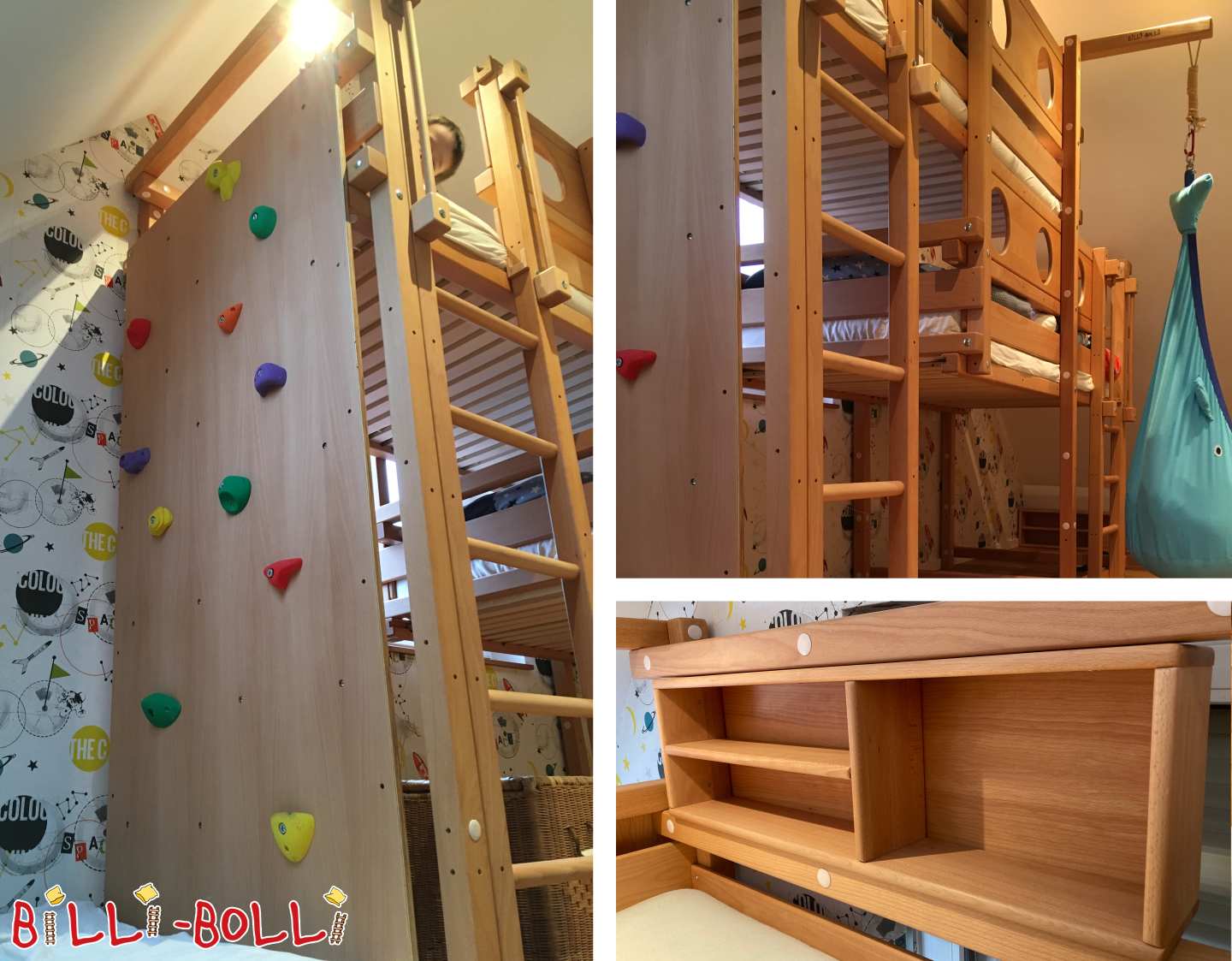 Amben loro-dhuwur 2B, beech lilin lenga karo tembok climbing + liyane (Category: Kasur bunk offset menyang sisih used)