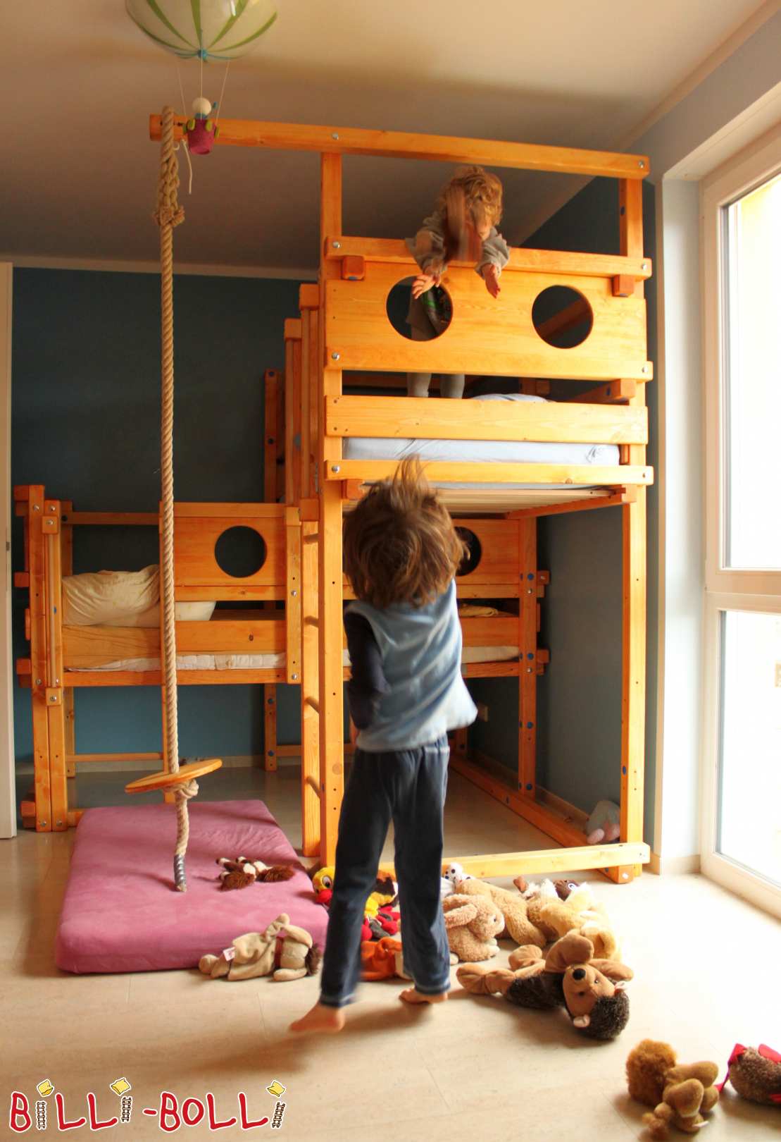 Both-top-bed, spruce honey-coloured, 90x200, beds individually built (Category: second hand loft bed)