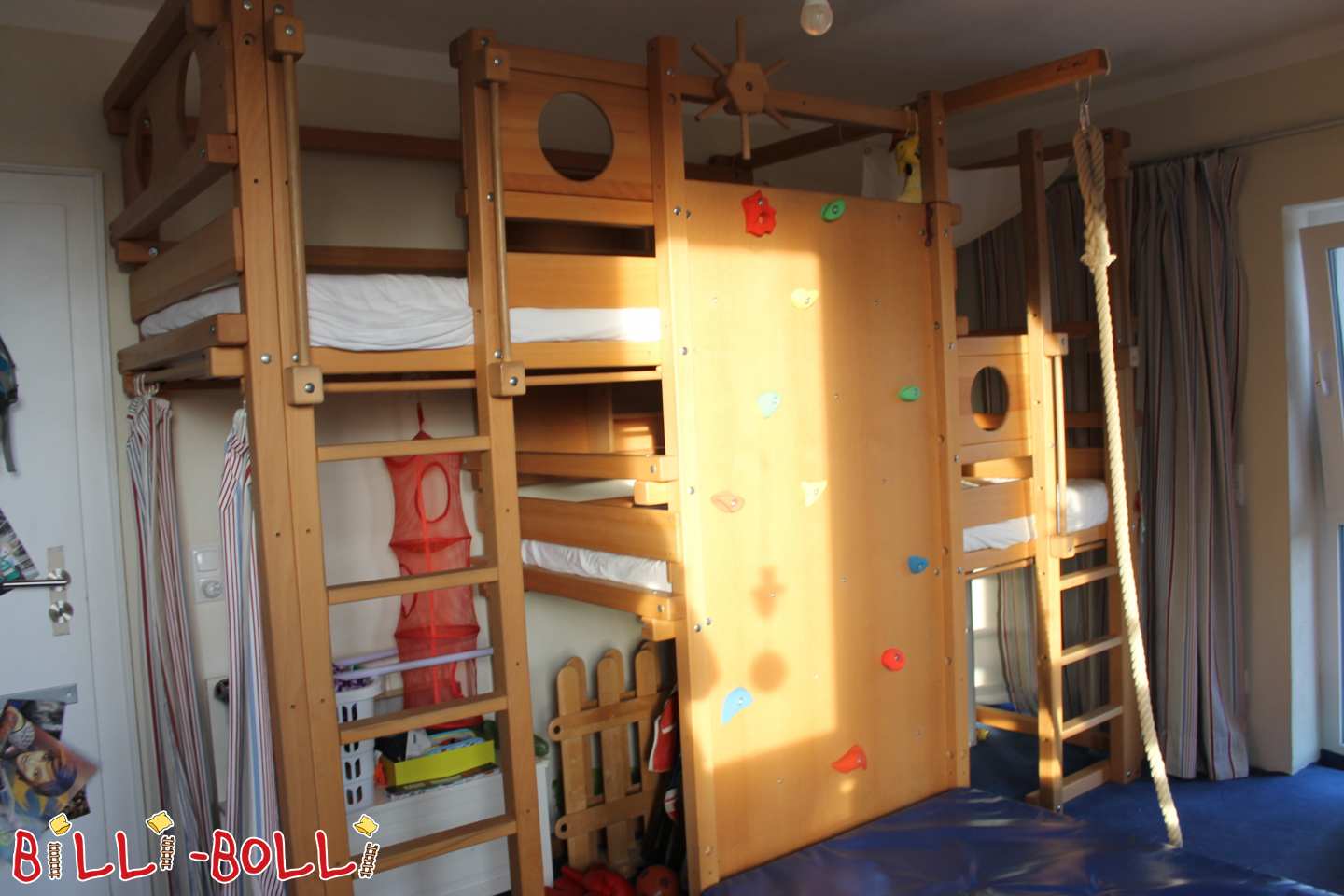 Both top bed type 2B with climbing wall made of beech (Category: second hand loft bed)