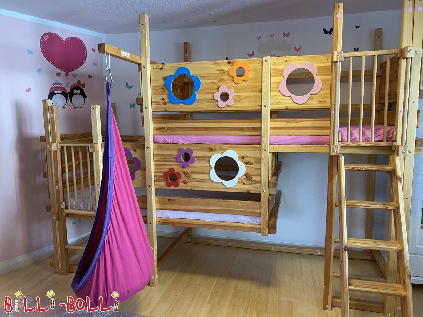 Both-top bunk bed, flower-themed boards, oiled-waxed pine (Category: Both-Up Bunk Beds pre-owned)