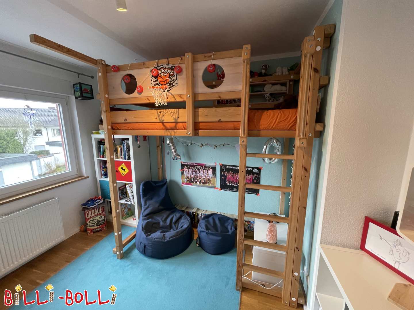 Billi-Bolli loft bed growing with the child, 90x200 cm, pine untreated (Category: Loft Bed Adjustable by Age pre-owned)