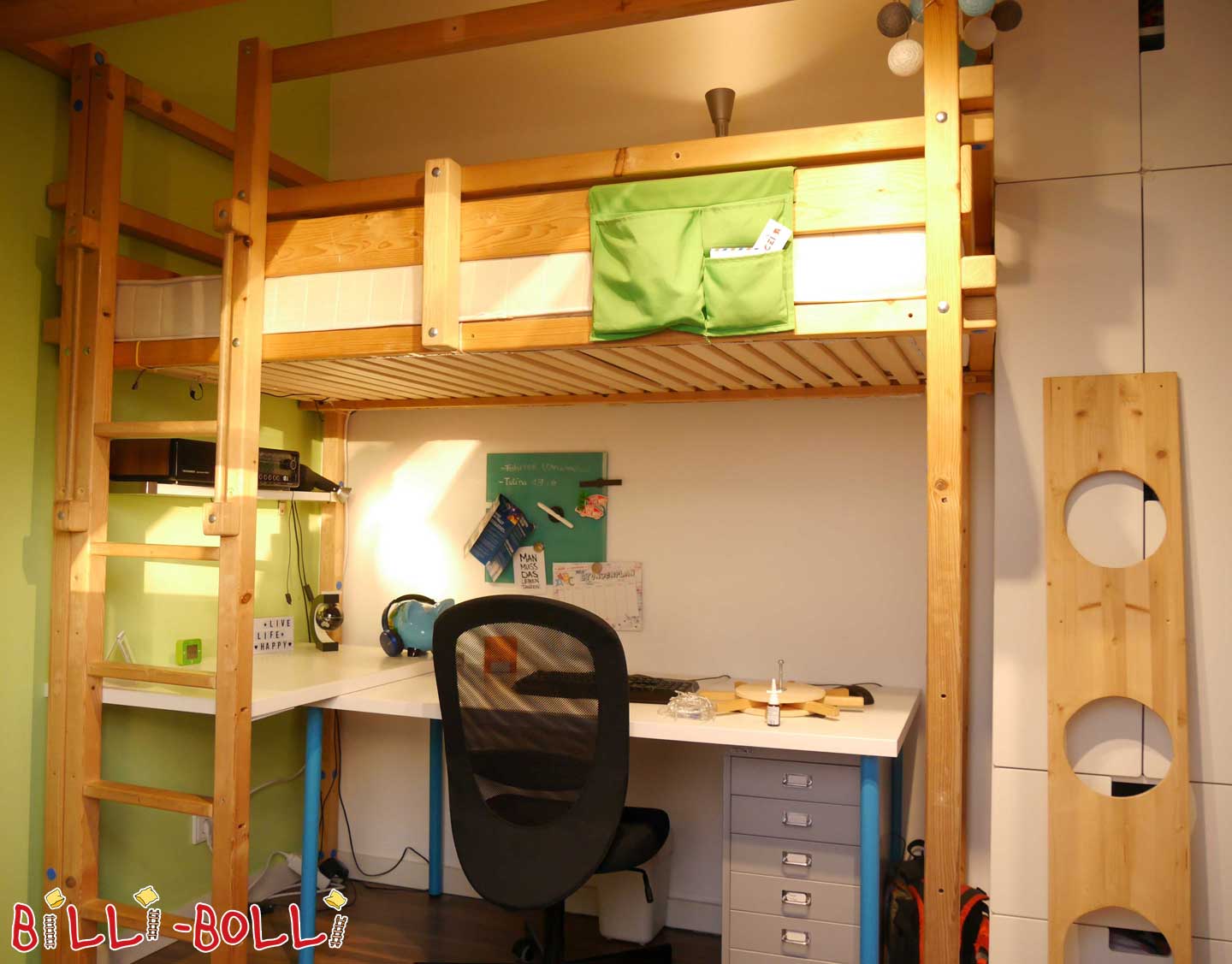 Billi-Bolli Loftbett 100 x 200 cm, 2,28m wuessen (Kategorie: Loft Bett néideg)