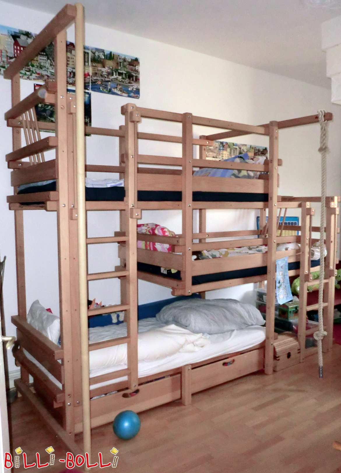 Triple bunk bed 2B incl. fire pole made of beech in Wiesbaden (Category: second hand bunk bed)