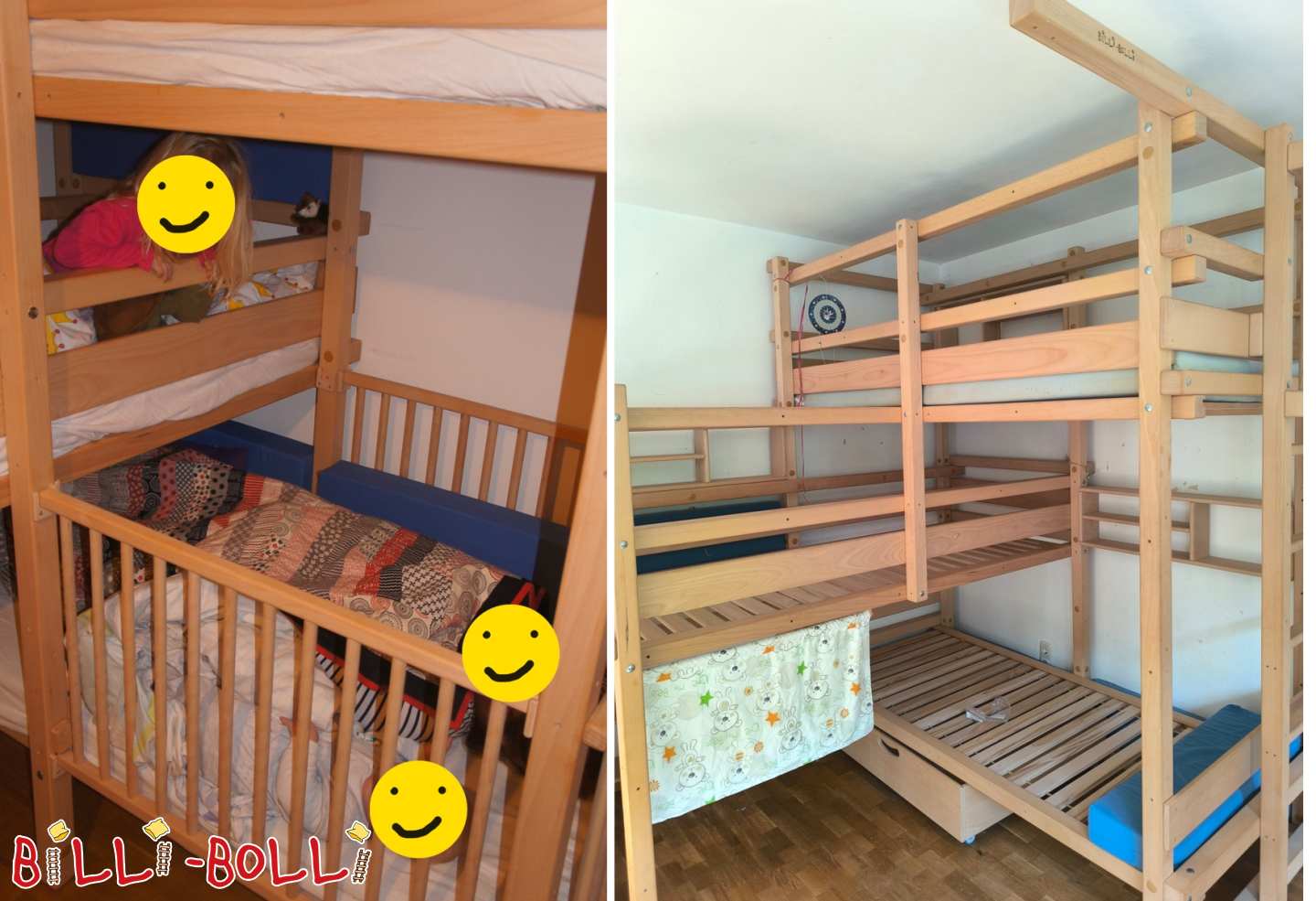 Cama tripla de canto 90x200, faia, portão de bebé, prateleiras, almofadas e muito mais. (Categoria: Beliches triplos usados)