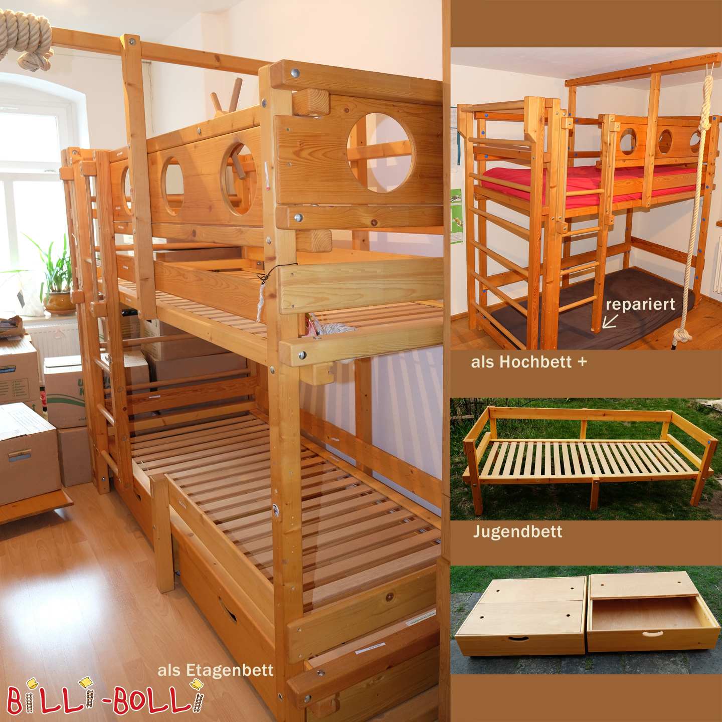 Bunk bed + wall bars + bed boxes, spruce oiled-wt. in Dresden (Category: Bunk Bed pre-owned)