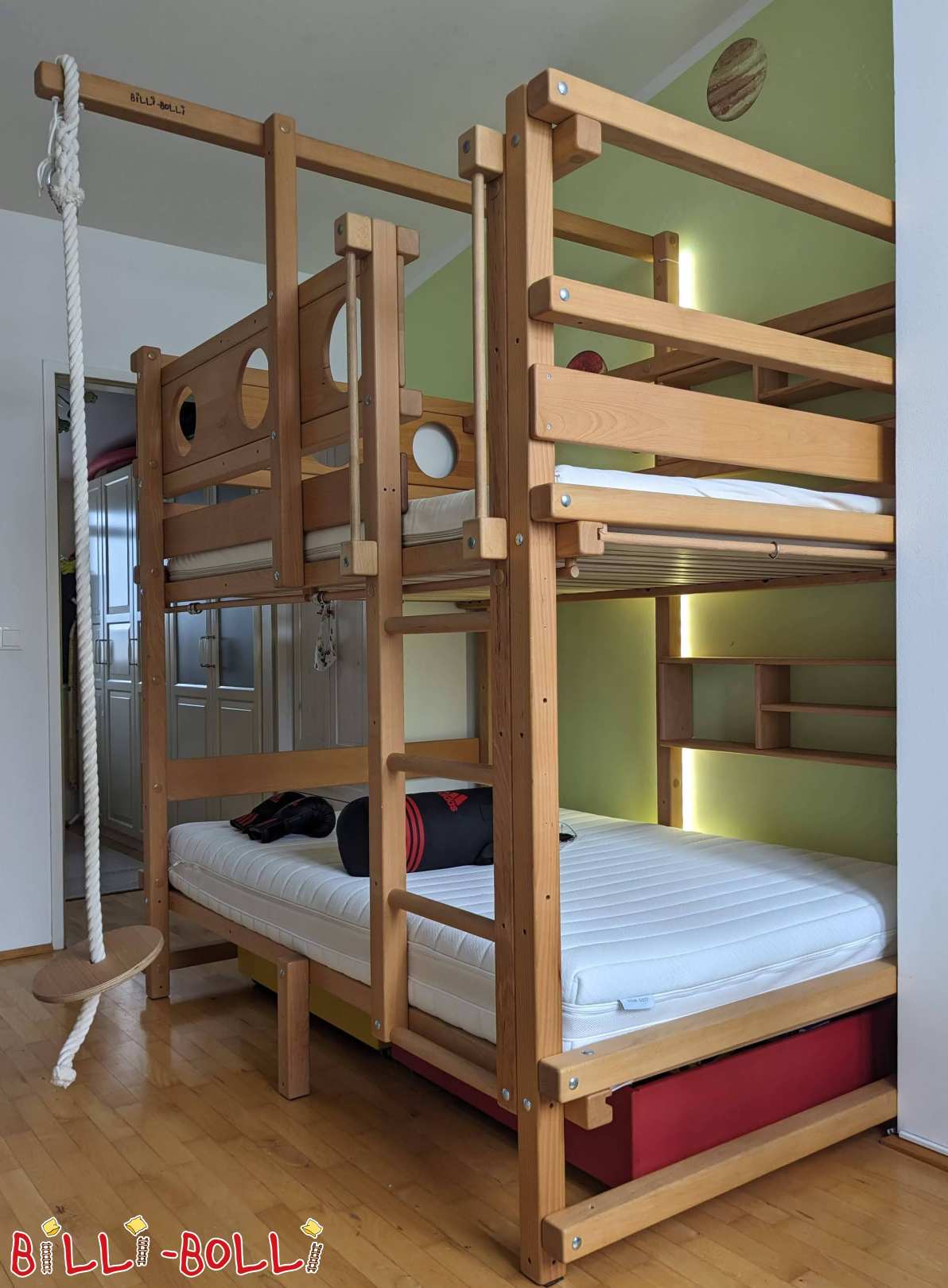 Dviaukštė lova 120x190 alyvuotas bukas su lovos stalčiais ir sūpynės sijos Viena (Kategorija: Dviaukštė lova used)
