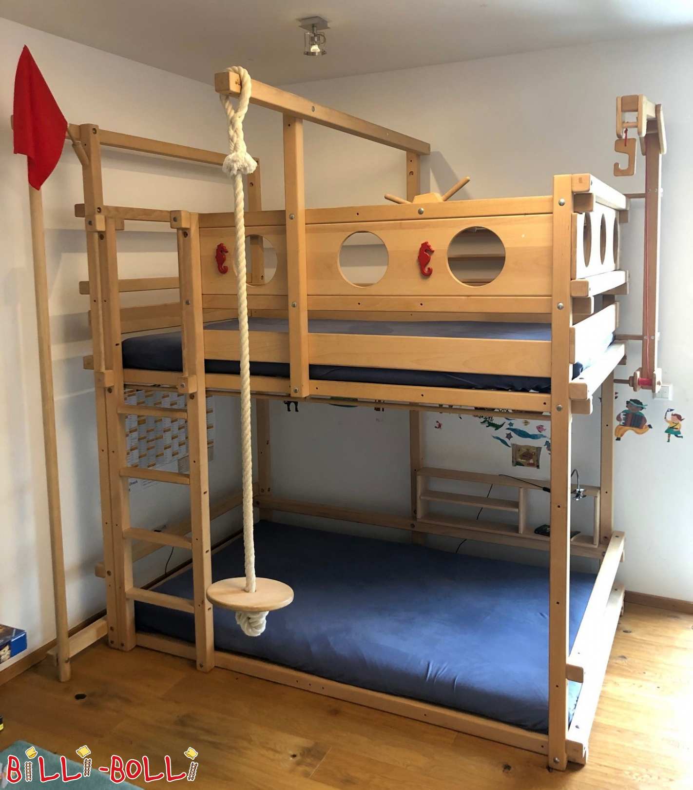 Bunk bed 120x200 in beech with fire pole (Category: second hand bunk bed)