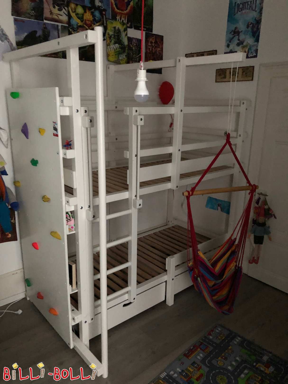 Krevet na kat 200x90 sa zidom za penjanje, kliznom šipkom i visećom stolicom (Kategorija: Krevet na kat used)