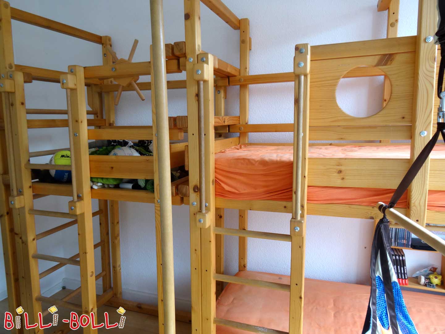 Bunk bed, 80 x 190 cm, oiled-waxed spruce and play tower (Category: second hand bunk bed)
