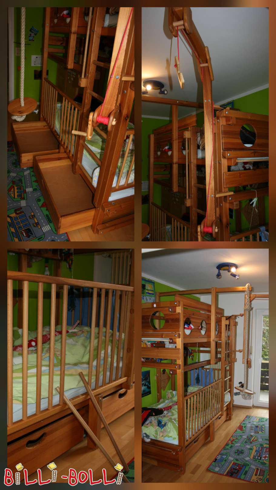 Beliche, 90 x 190 cm, pinho não tratado, grua de brincar, baloiço de placa (Categoria: Camas usadas)