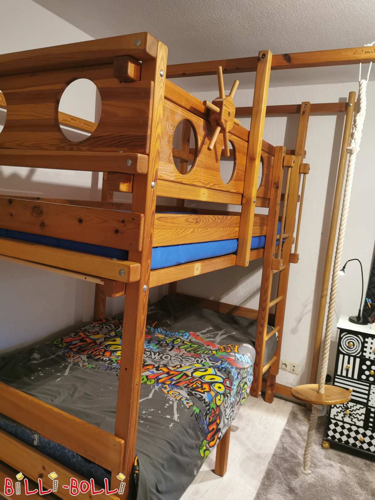 سرير بطابقين صنوبر 90x200 سم ، مشمع مزيت ، مع ملحقات القراصنة (الفئة: سرير بطابقين used)
