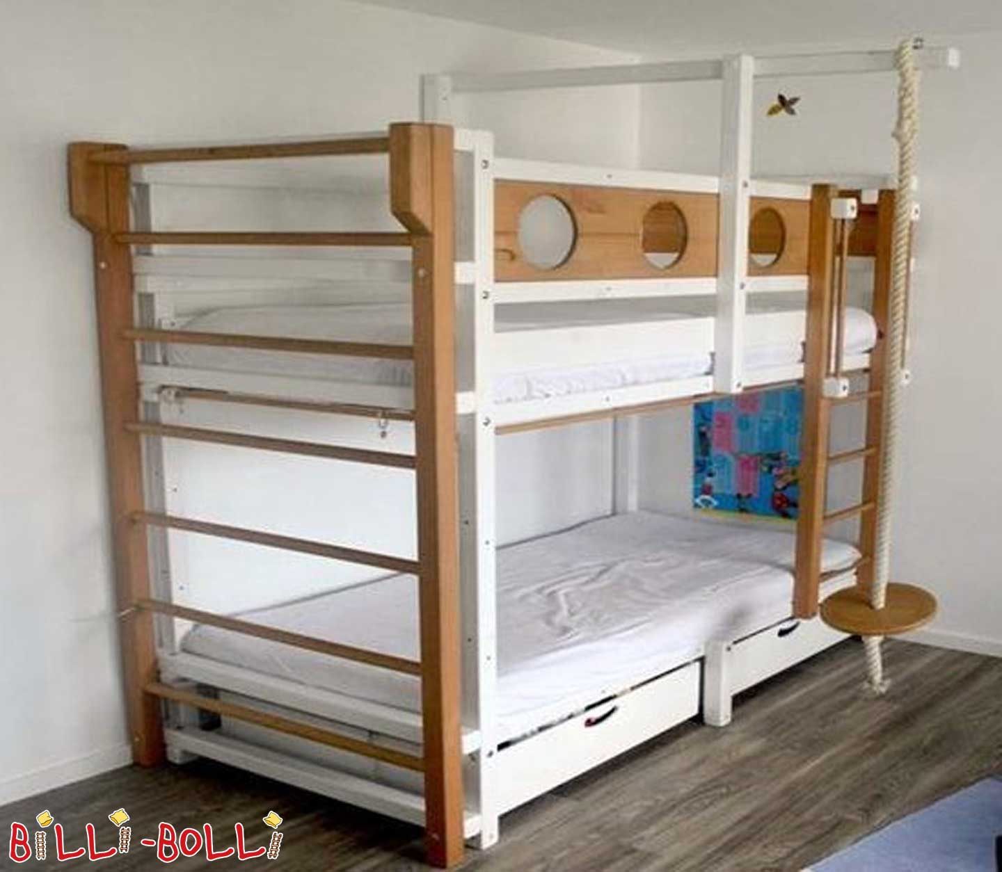 Bunk bed, spruce, 90 x 200 cm, white lacquered (Category: second hand bunk bed)