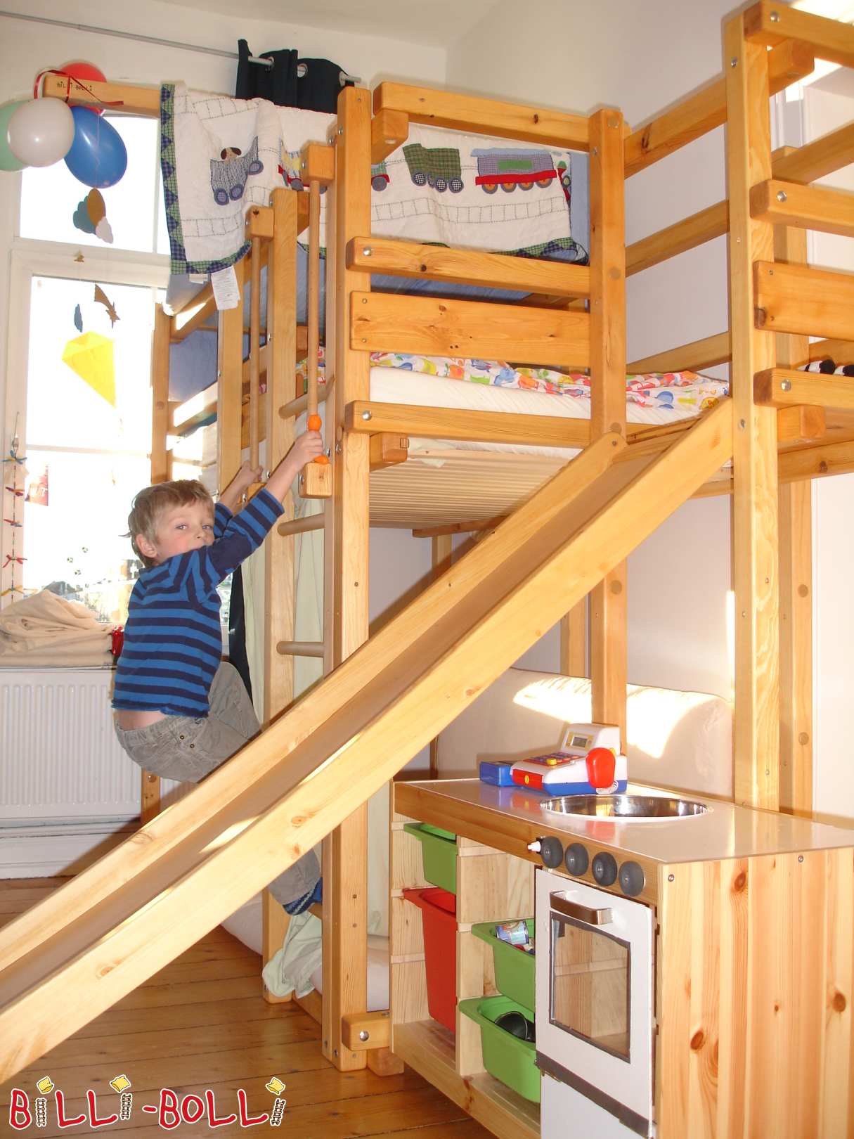 2 बच्चों के लिए मचान बिस्तर 100x200cm, स्लाइड और टॉवर के साथ तेल से सना हुआ पाइन (श्रेणी: मचान बिस्तर जो बच्चे के साथ बढ़ता है प्रयुक्त)