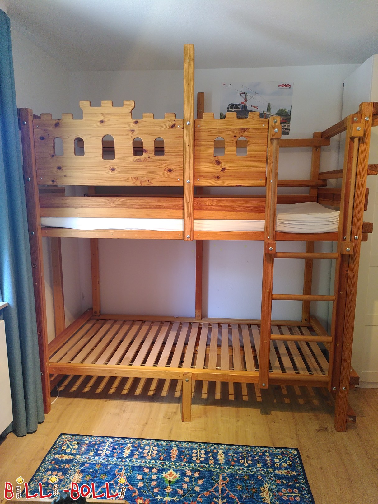 Oiled-waxed pine bunk bed Knight's castle with slide, crane and seat (Category: Bunk Bed pre-owned)