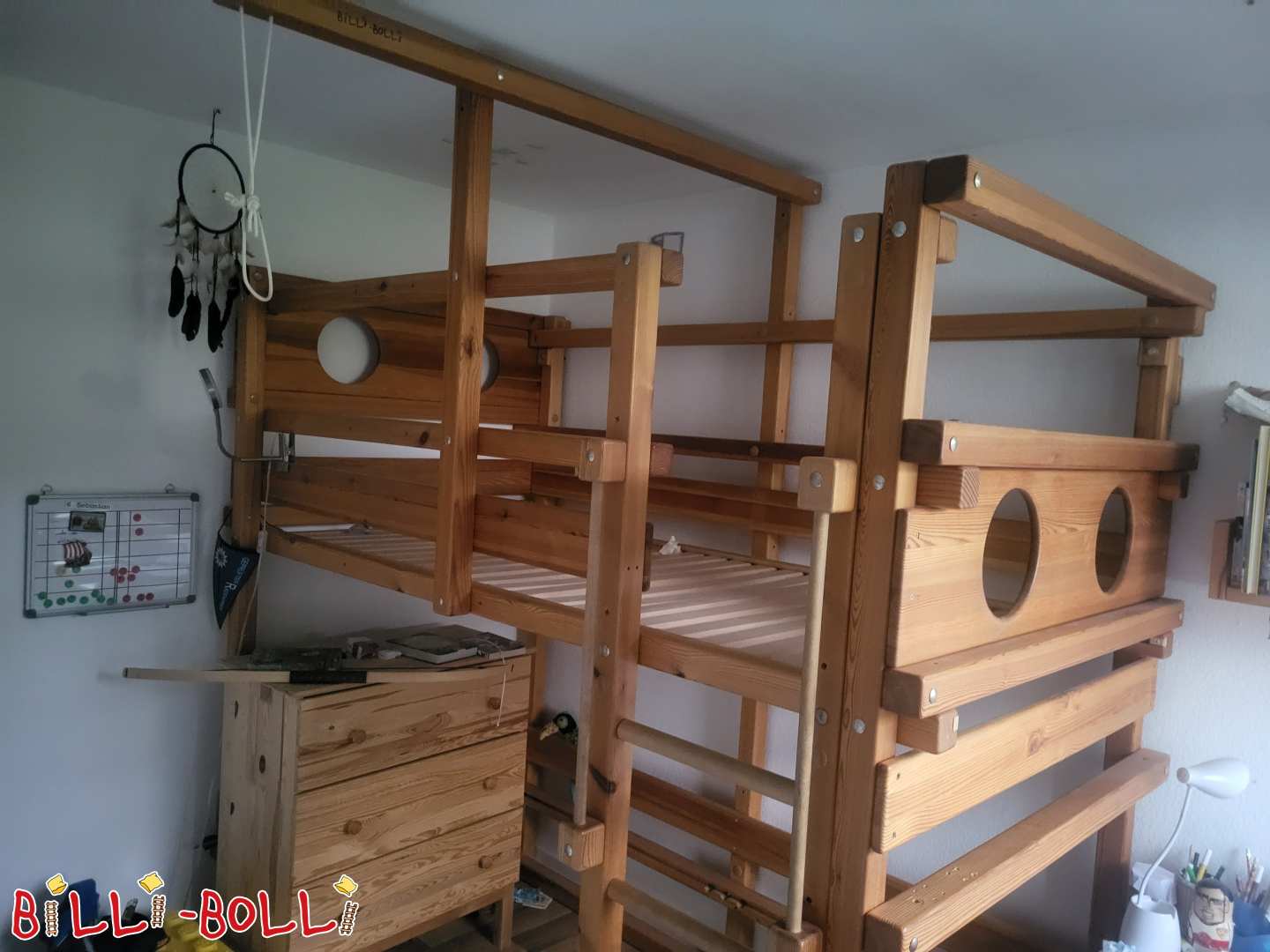 Bunk bed, oiled pine, with roll-out protection and swing (Category: Bunk Bed pre-owned)