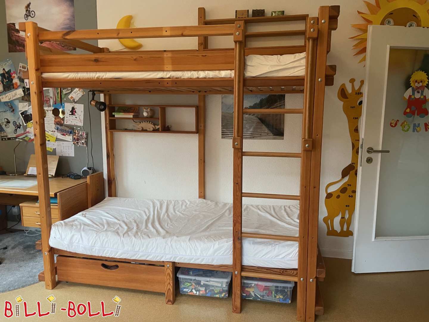 Bunk bed, oiled pine 90x200, incl. 2 shelves, storage box (Category: Accessories/extension parts pre-owned)