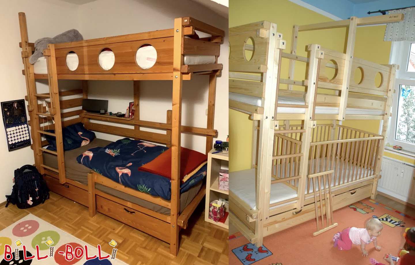 Bunk Bett mat Baby Gate Set, Bunk Verwaltungsrot an 2 Bett Këschte, Erfurt (Kategorie: Heisch Bett benotzt)