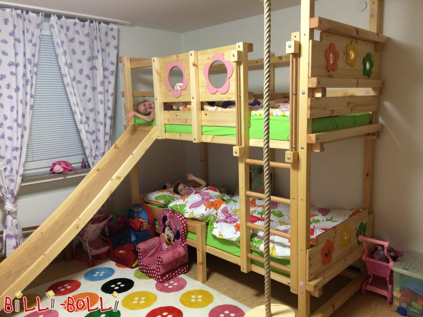 Bunk bed with flower boards, swing, slide, and curtain rods (Category: Bunk Bed pre-owned)