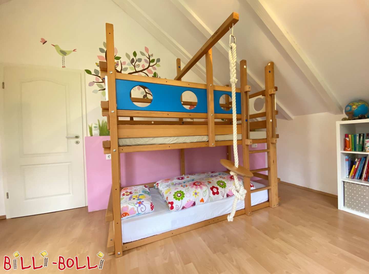 Bunk bed with portholes and swing, oiled-waxed beech, Augsburg (Category: Bunk Bed pre-owned)