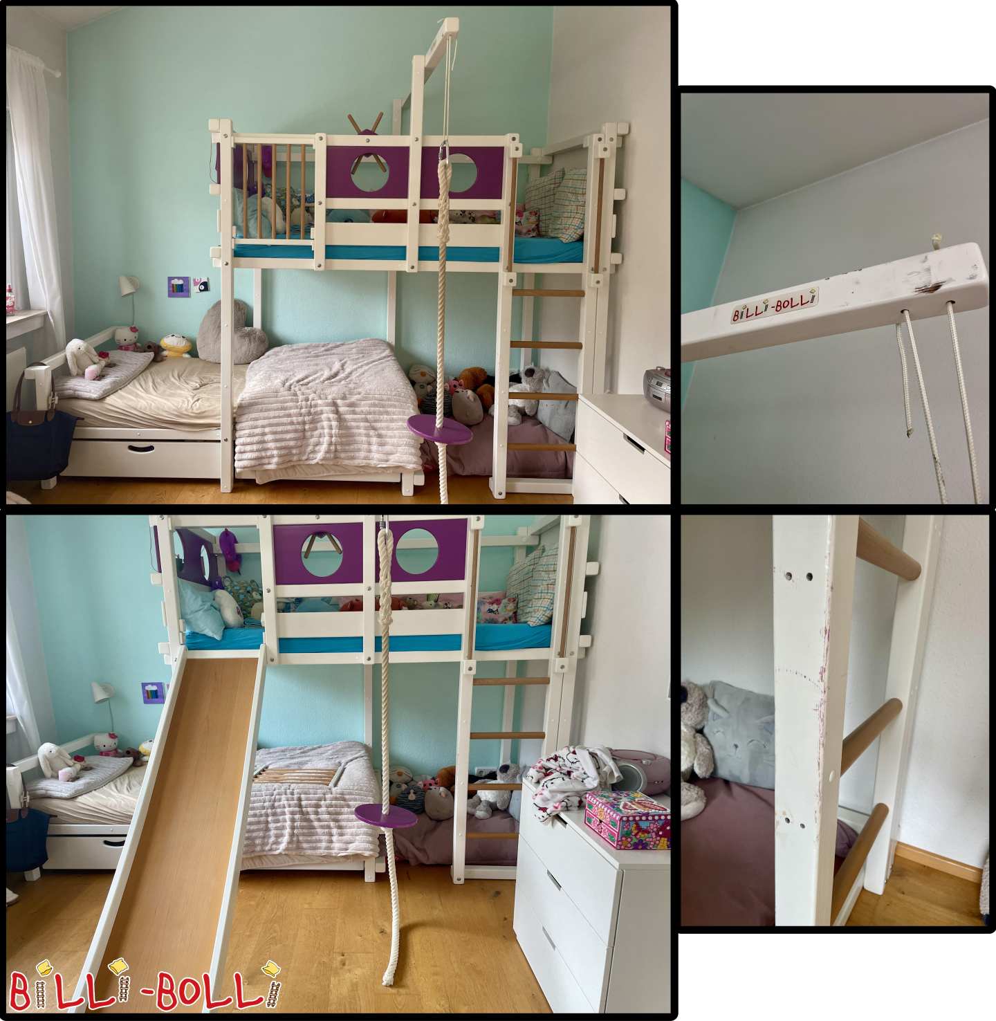 Ad 7061: Bunk bed with slide and rocking plate, white / purple, from 11/2017 Bunk bed with slide and rocking plate, white / purple, from 11/2017 (Category: Bunk Bed Laterally Staggered pre-owned)