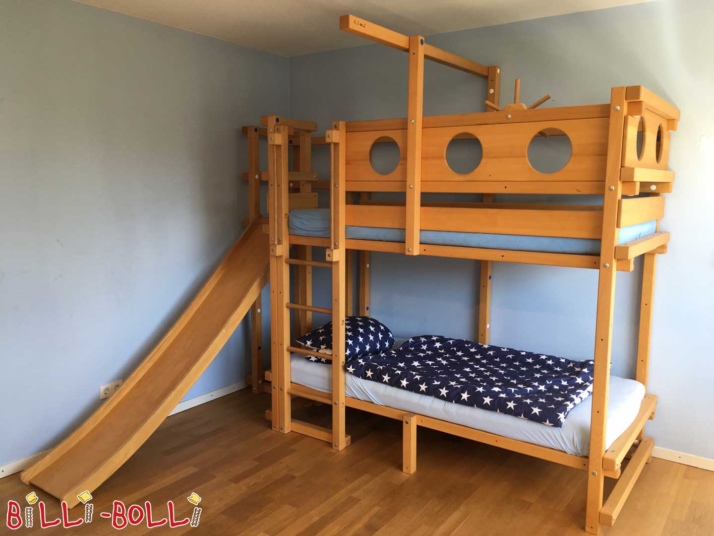 Bunk bed with slide tower, 90 x 200 cm, oiled-waxed beech (Category: second hand loft bed)