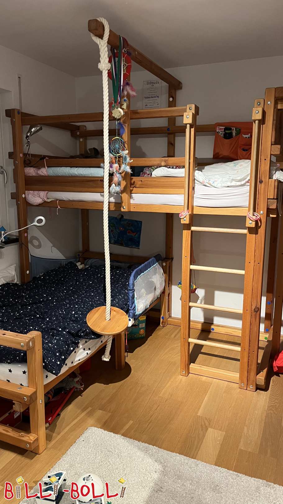 Bunk bed-side-offset, pine with slide tower and accessories (Category: Bunk Bed Laterally Staggered pre-owned)