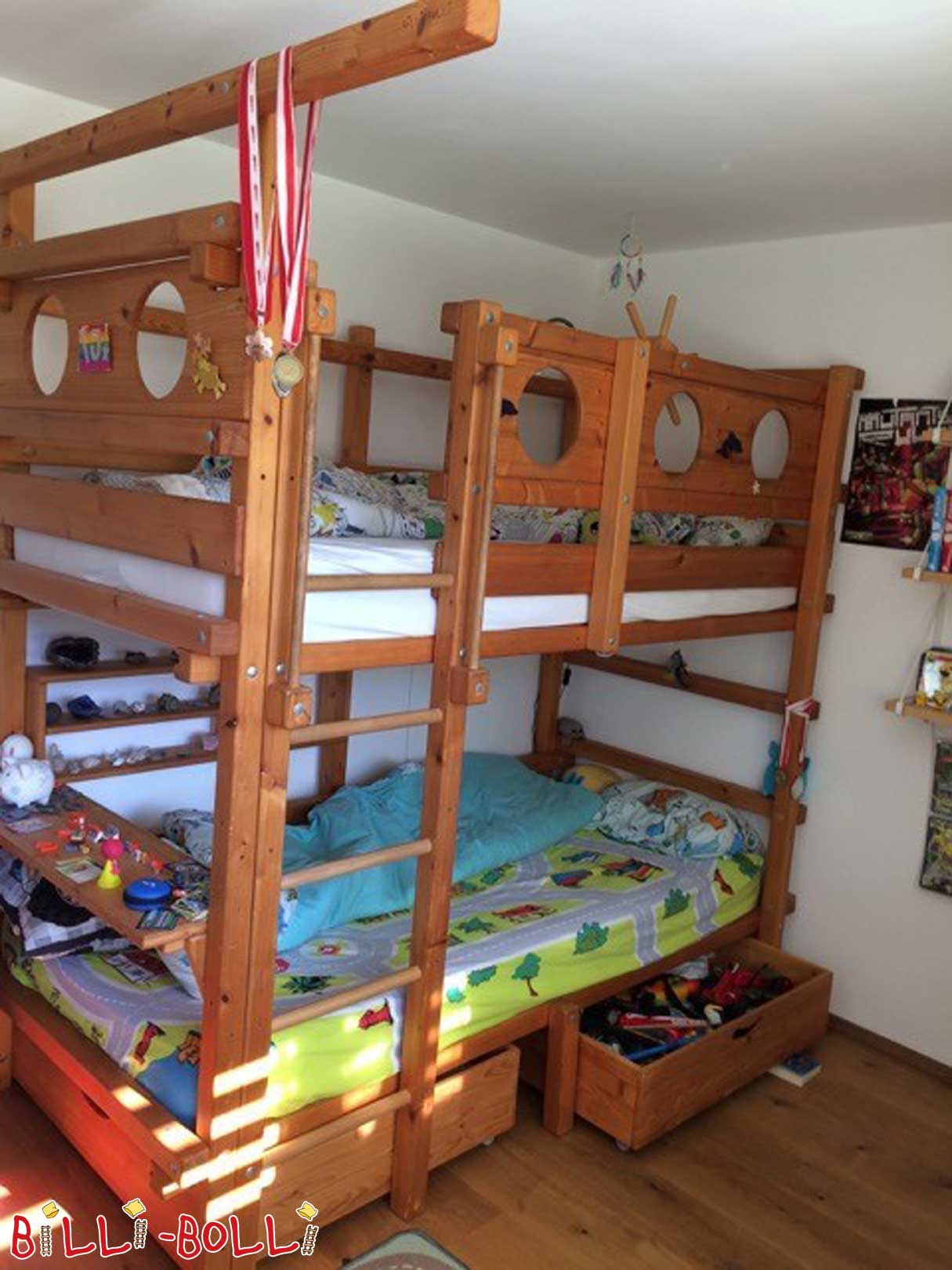 बंक बेड-ओवर-कॉर्नर, 90 x 200 सेमी, तेल से सना हुआ लच्छेदार स्प्रूस (कोटि: मचान बिस्तर का इस्तेमाल किया)