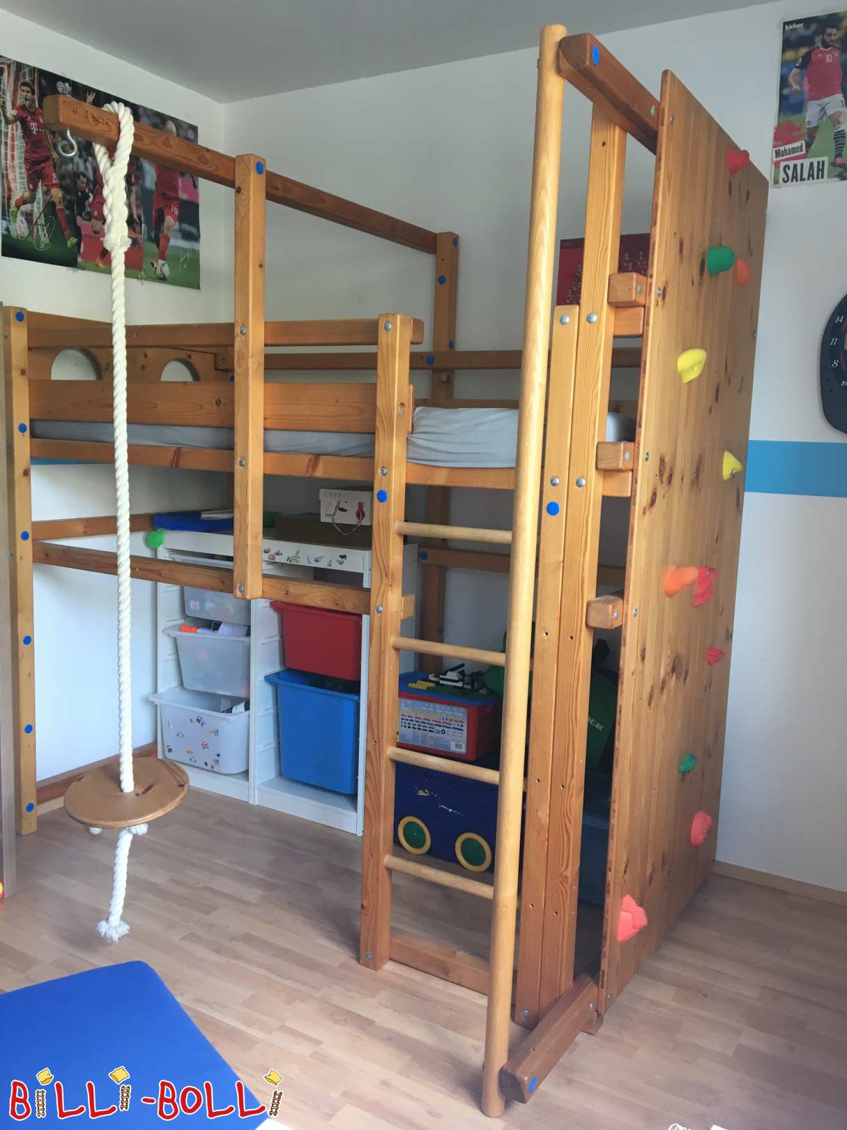 Half-high bed in pine tree with climbing wall and fireman's pole in Aachen (Category: Low Loft Bed pre-owned)