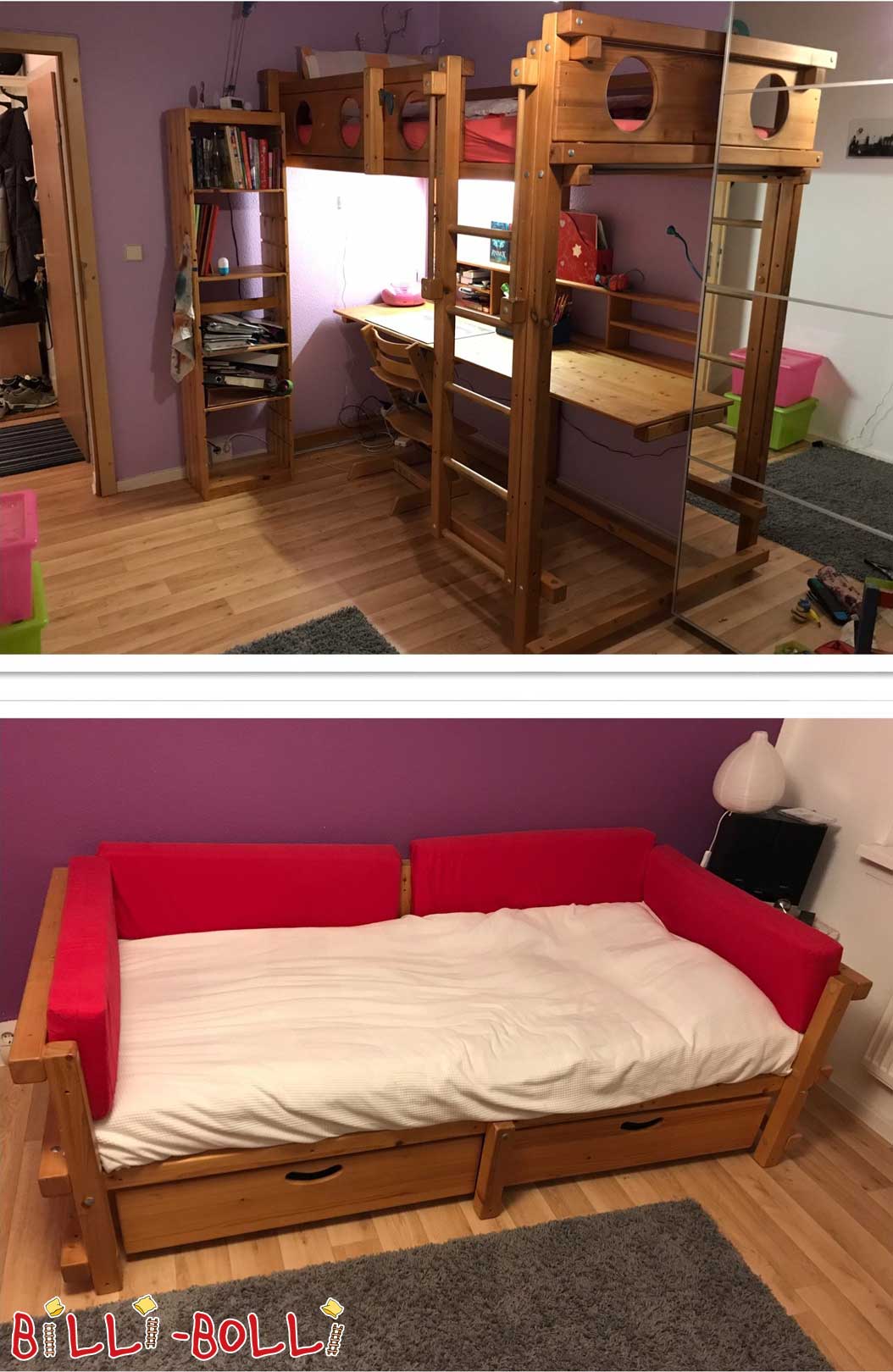 Loft bed & youth bed, 90 x 200 cm, spruce oiled-waxed (Category: second hand loft bed)