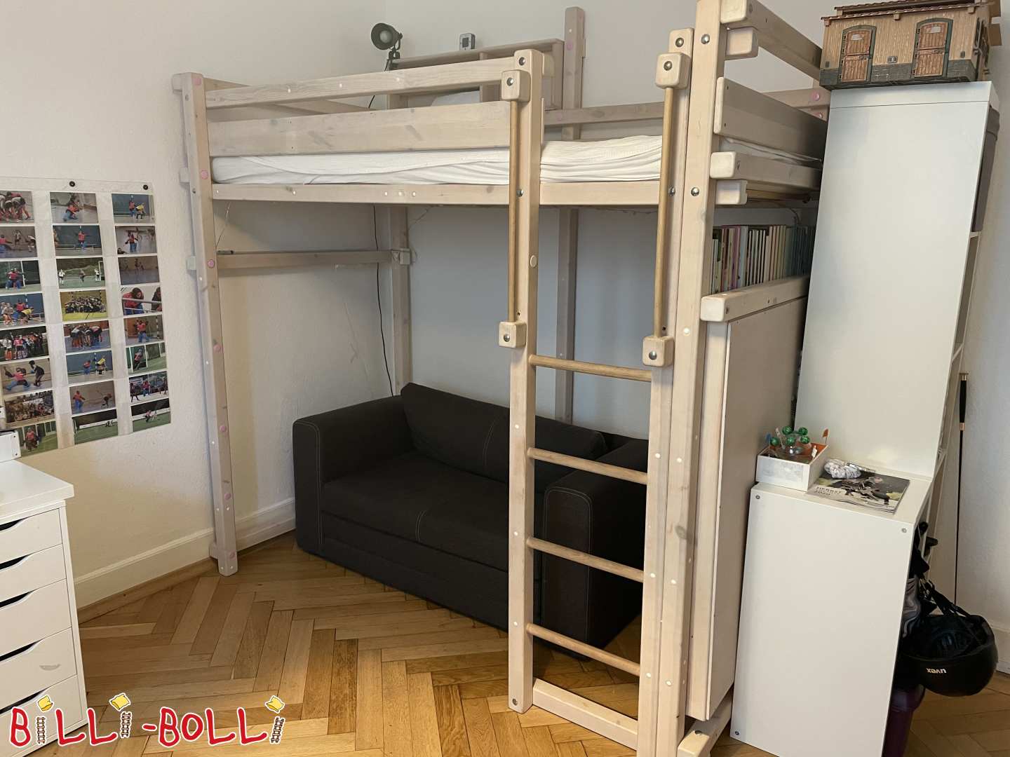 Loft bed 100x200 white glazed with large bookshelf and small shelf (Category: second hand loft bed)