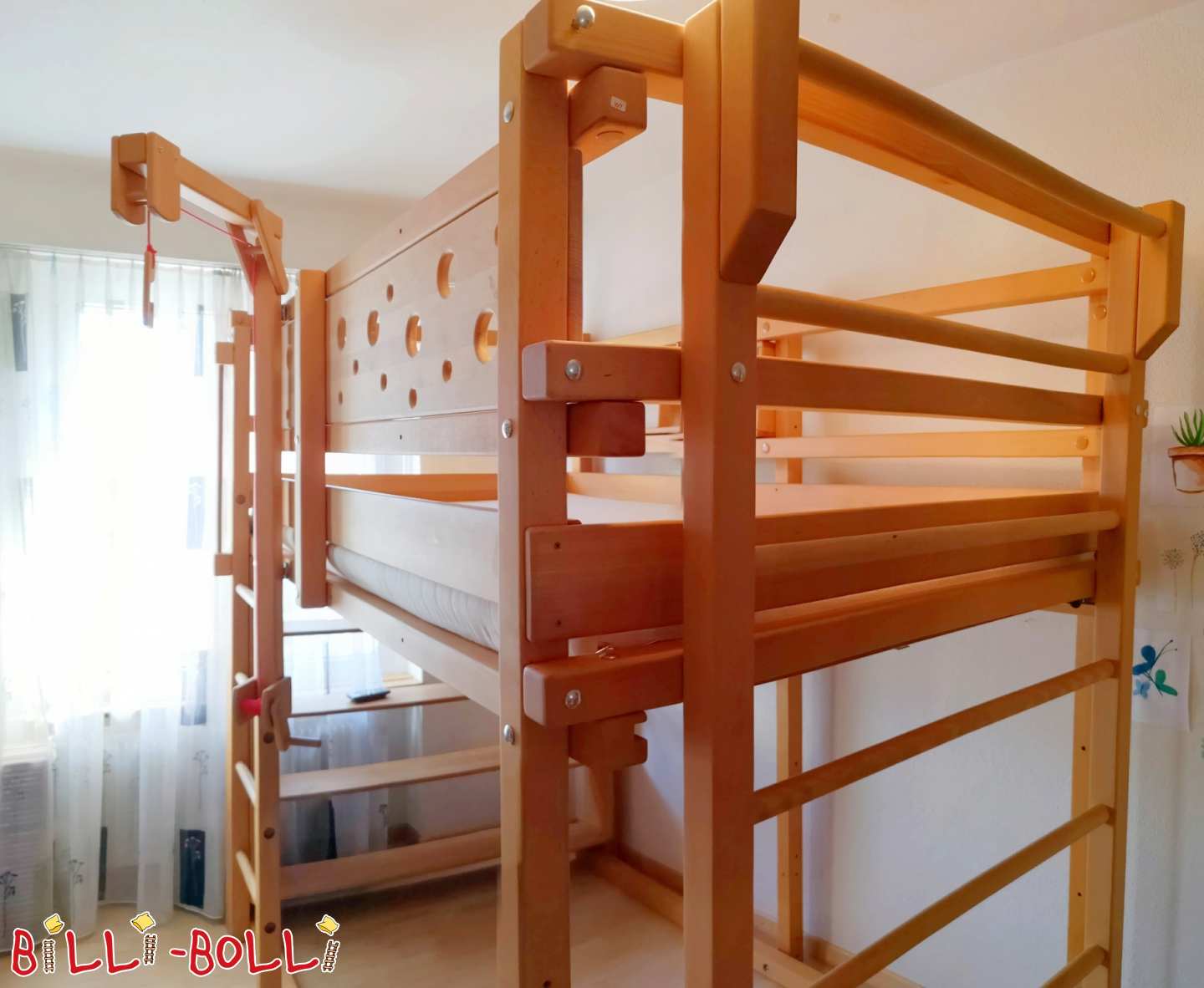 Loft bed 120 x 200 made of beech with wall bars (Category: second hand loft bed)