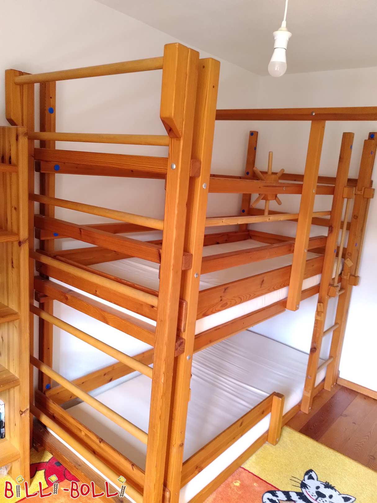 Loft bed 90x200 pine honey/amber oil with wall bars (Category: Loft Bed Adjustable by Age pre-owned)