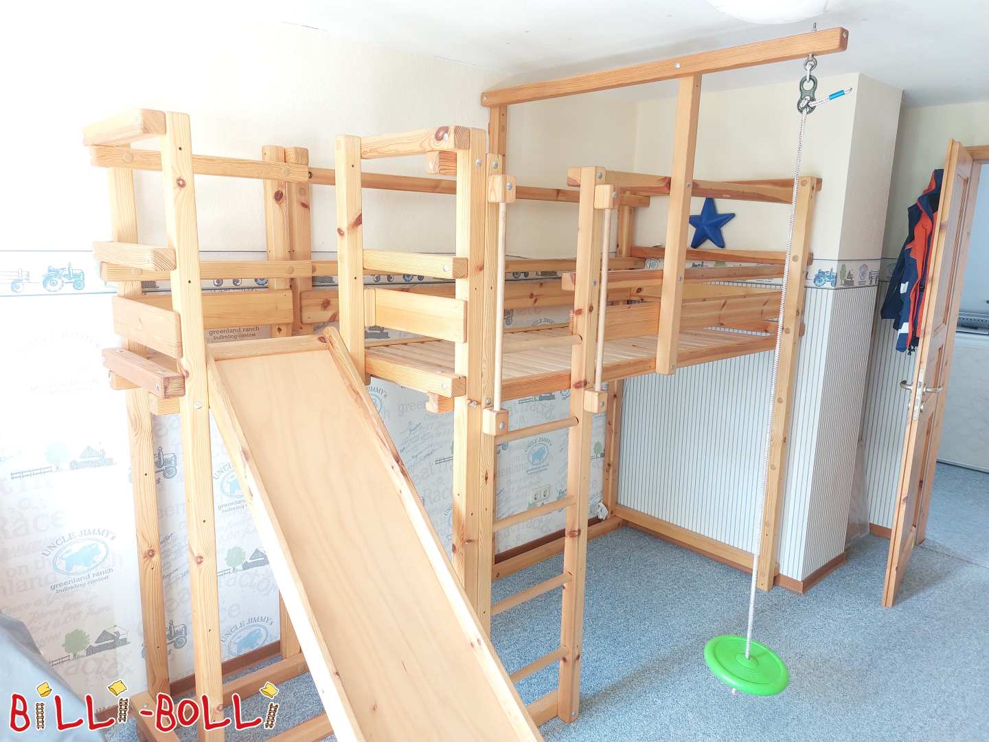 Loft bed 90x200 cm oiled pine with slide tower and slide (Category: Loft Bed Adjustable by Age pre-owned)