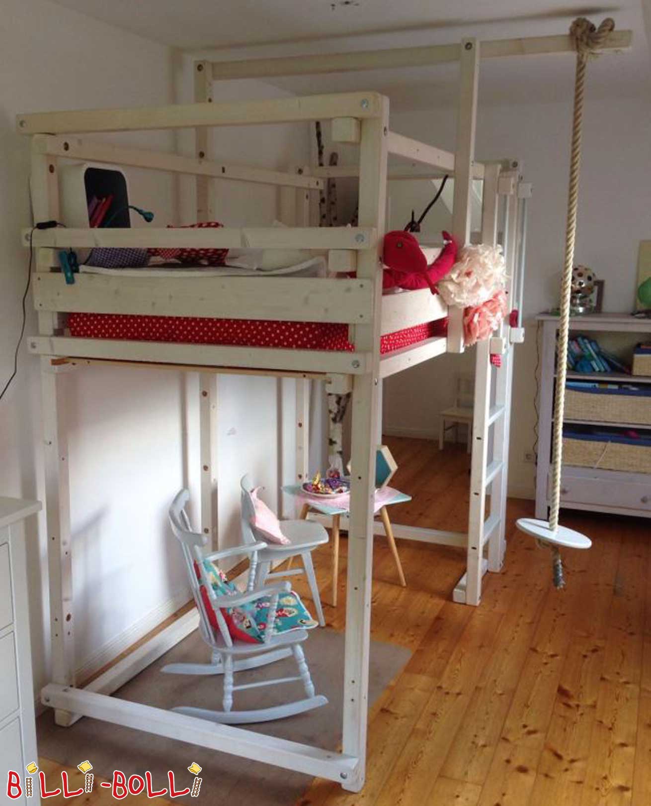 Loft bed made of spruce, treated with light grey wood lacquer (Category: second hand loft bed)