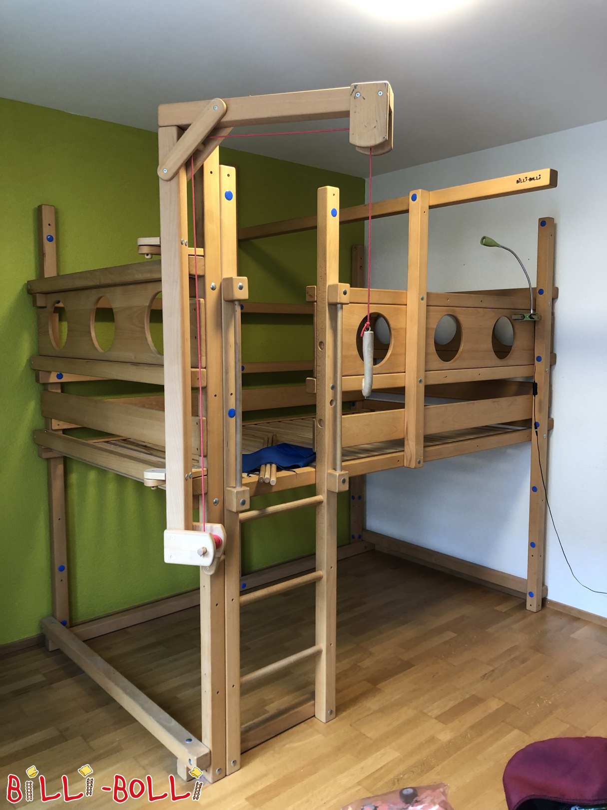 Loft bed beech 120x200, oiled with bunk boards, play crane and flag (Category: Youth Loft Bed pre-owned)