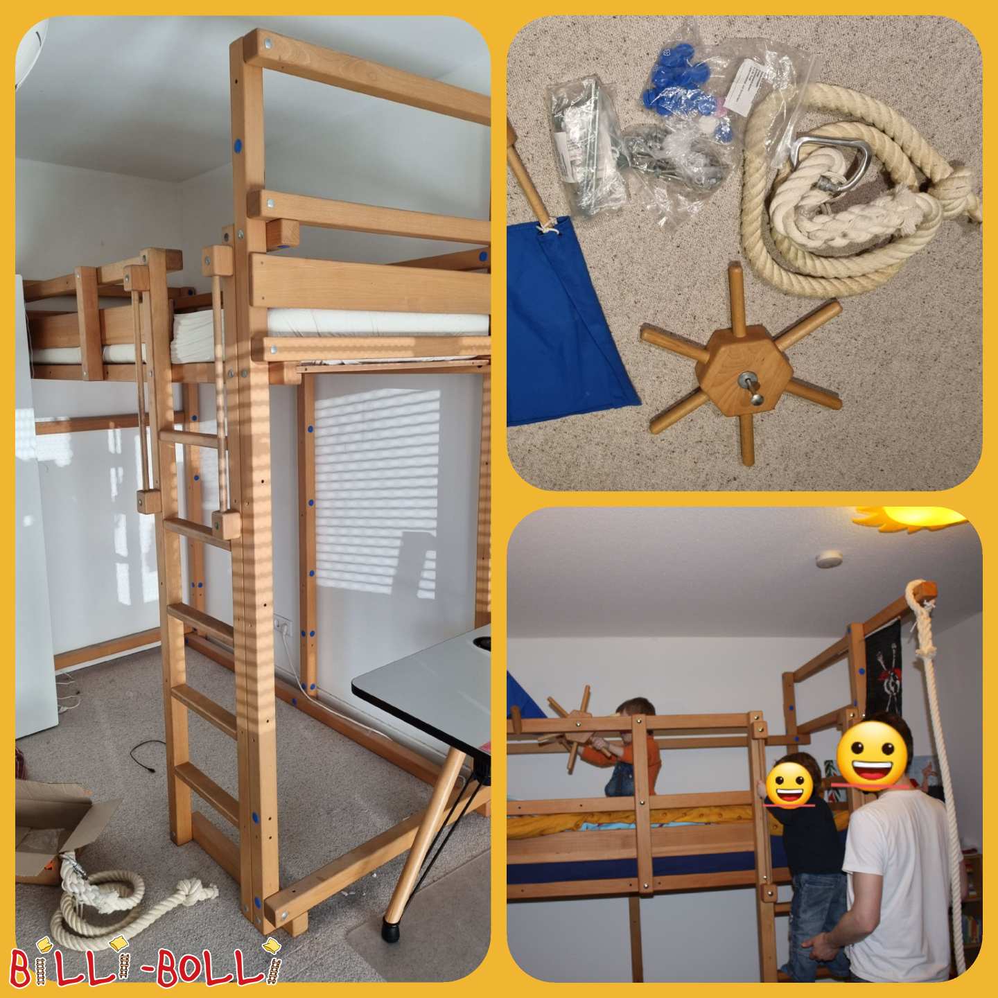 Loft bed beech oiled with crane beam, climbing rope, steering wheel, flag (Category: Loft Bed Adjustable by Age pre-owned)