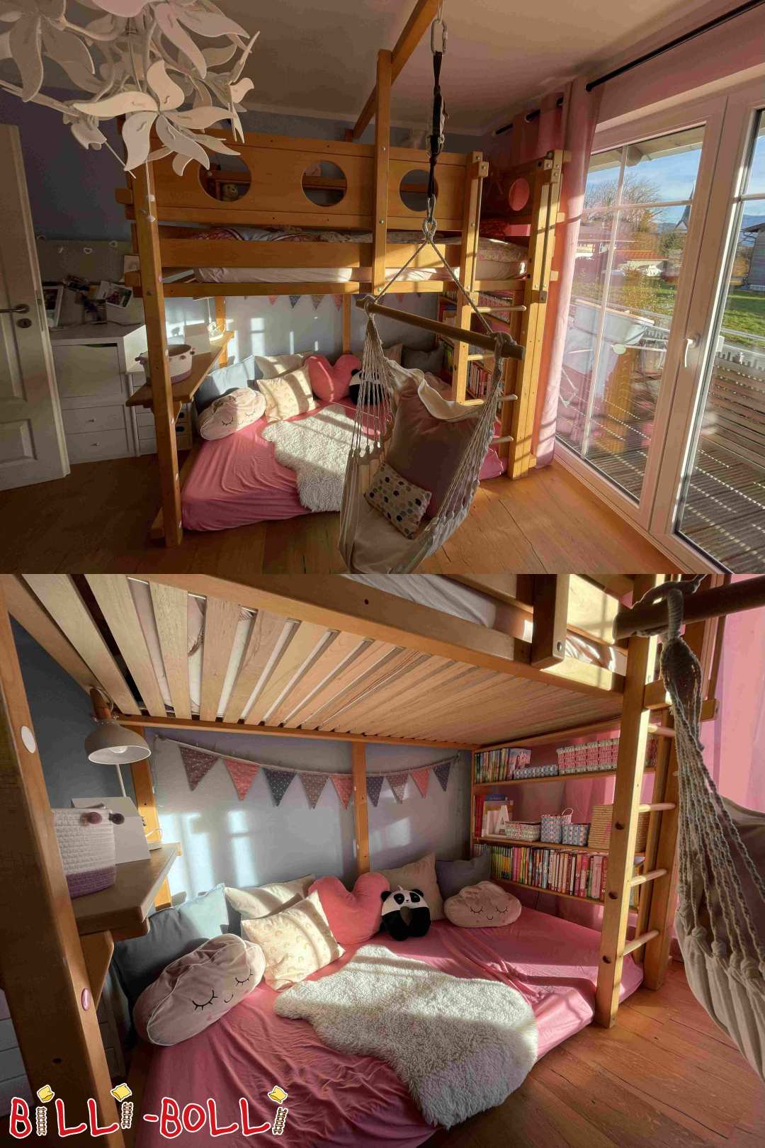 Cama alta em faia encerada com estante + tábua de compras + prateleira de cama (Categoria: Cama alta que cresce com a criança usada)