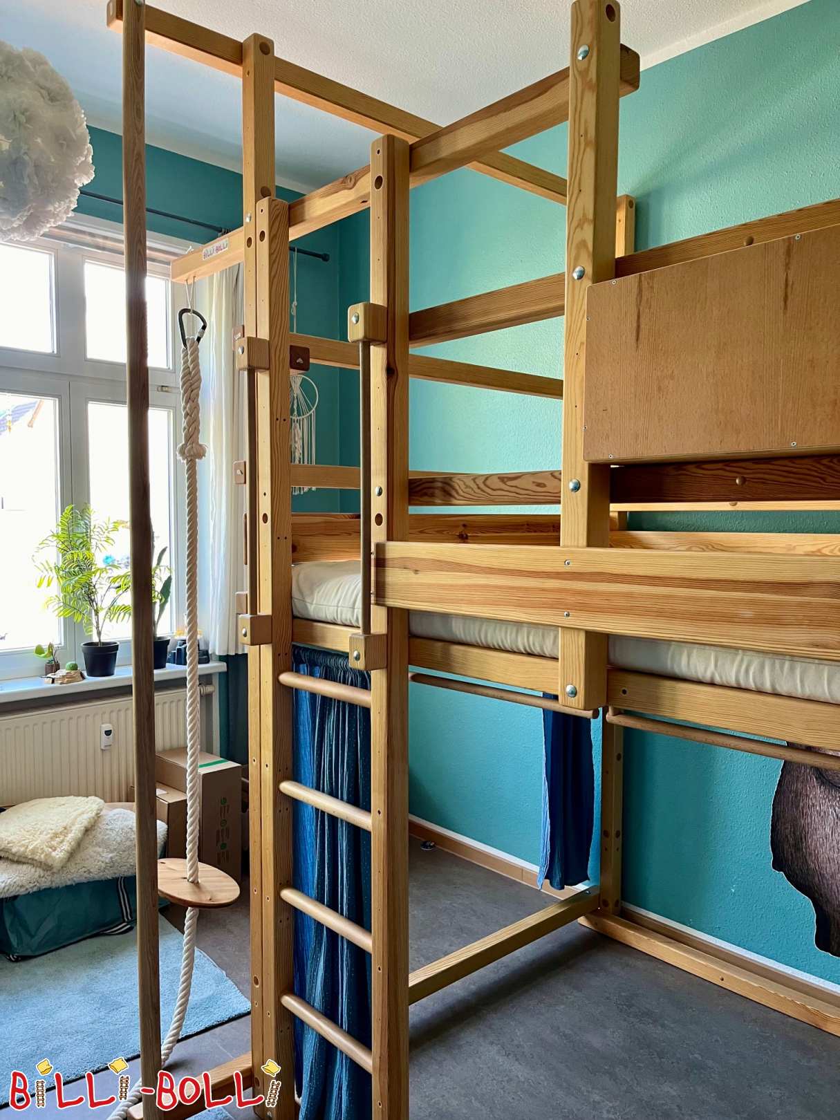 Борен лофт-кревет 140x200 см, вклучувајќи душек, пожарникарски столб, лулашка (Категорија: Растечка спална на кат со вашето дете, користена)