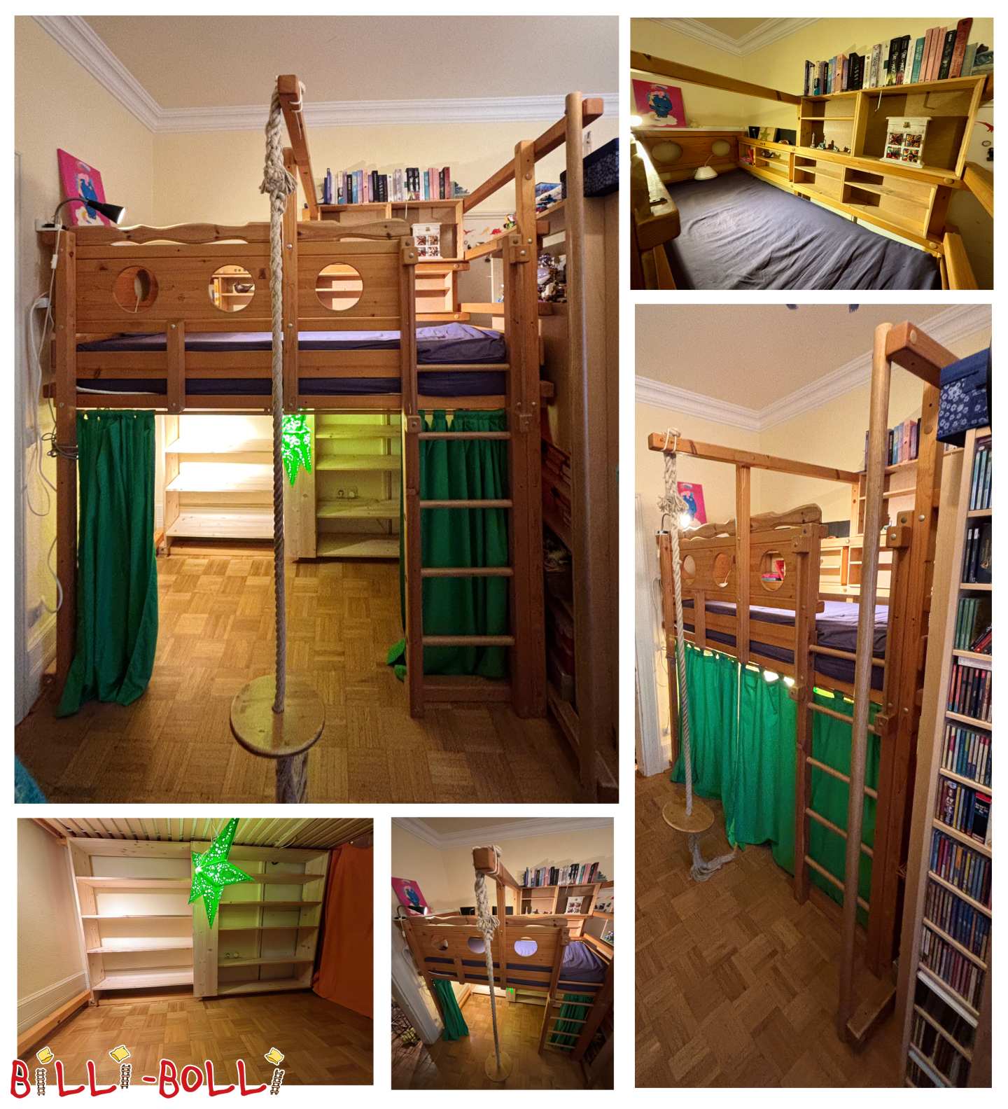 Cama tipo loft de piñeiro, portillas, poste de bombeiro, estante de cama, balancín de placa (Categoría: A cama loft medra contigo usada)